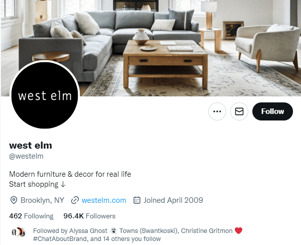West Elm's Twitter account includes a great social media bio.