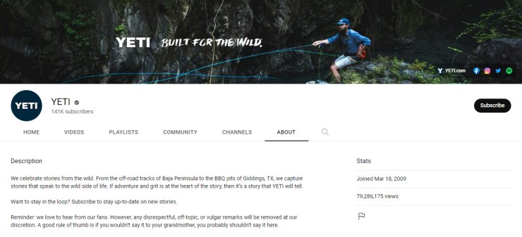 Yeti's YouTube channel includes a great social media bio.