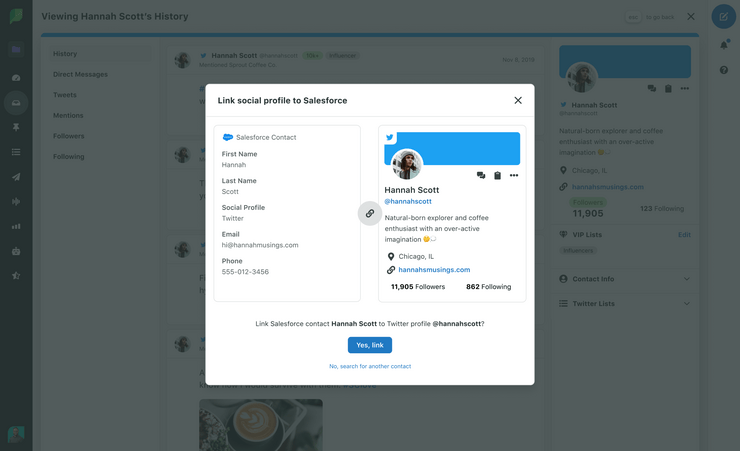 A screenshot in Sprout Social demonstrating how to link a social profile to a Salesforce contact.