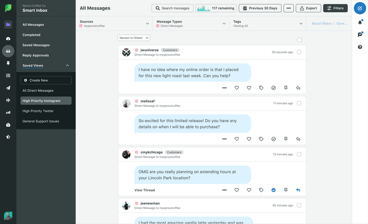 A screenshot of Sprout Social's Smart Inbox feature, filtered to show Instagram Direct Messages. 