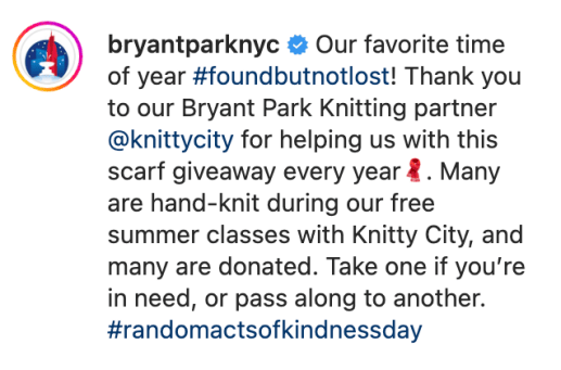 A screenshot of Bryant Park's Instagram caption about their post for the hashtag holiday #KindnessDay