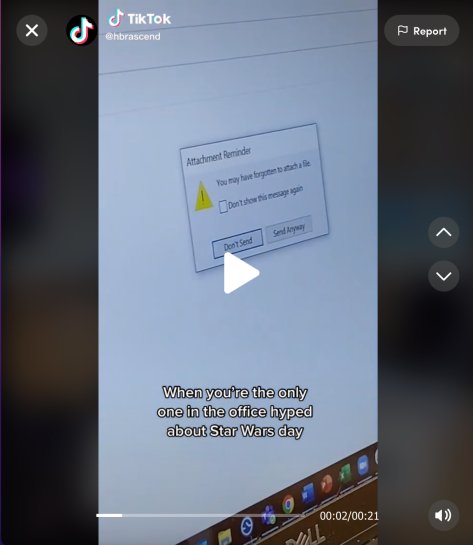 A screenshot of a TIkTok video by HBR Ascend about one coworker who is overzealous about the hashtag holiday Star Wars Day