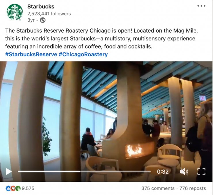 A LinkedIn post by Starbucks featuring a timelapse tour of Chicago's Starbucks Roastery location.
