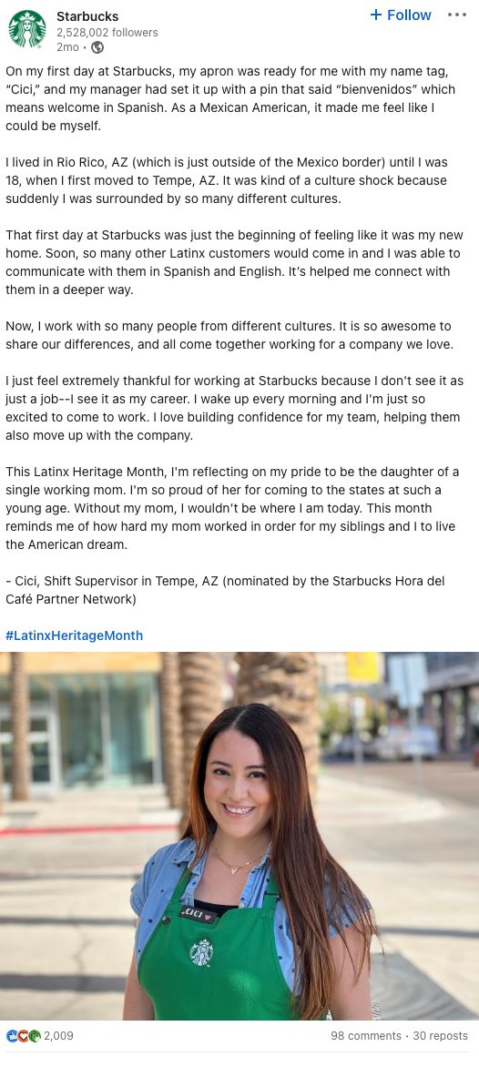 A Starbucks LinkedIn post featuring a story from their employee about her experience working for the company as a Mexican American