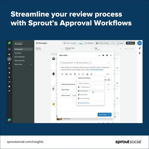 A screenshot of Sprout's Approval Workflow which demonstrates a user requesting approval on an upcoming social post