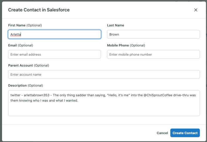 create a salesforce contact in sprout social